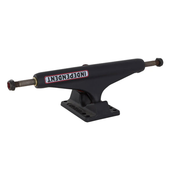 A black skateboard truck made from aluminum alloy with INDEPENDENT STD 159 BAR FLAT BLACK TRUCKS (SET OF TWO) printed upside-down on the hanger. The truck features a baseplate with mounting holes and screws at both ends of the axle.