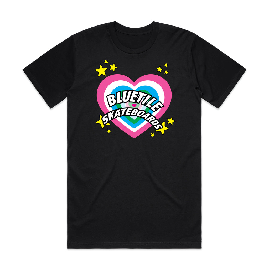 A BLUETILE RADIANT HEART LOGO TEE BLACK *PRE-ORDER with stars on it from Bluetile Skateboards.