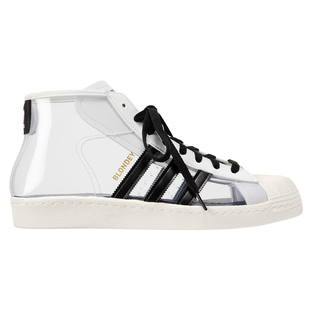 Adidas Blondey Pro Model White high top sneakers in white and black.