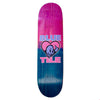 A skateboard with a pink and blue gradient design, featuring "Blue Tile" text and a heart logo with a smiling face in the center. This BLUETILE F.U. DECK from Bluetile Skateboards is perfect for those who appreciate unique designs and craftsmanship.