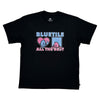 A black short-sleeve t-shirt from Bluetile Skateboards, known as the BLUETILE F.U.W.T.F. TEE BLACK, featuring the text "BLUETILE ALL THE BEST" in blue and pink and screen-printed cartoon characters in heart and square shapes.