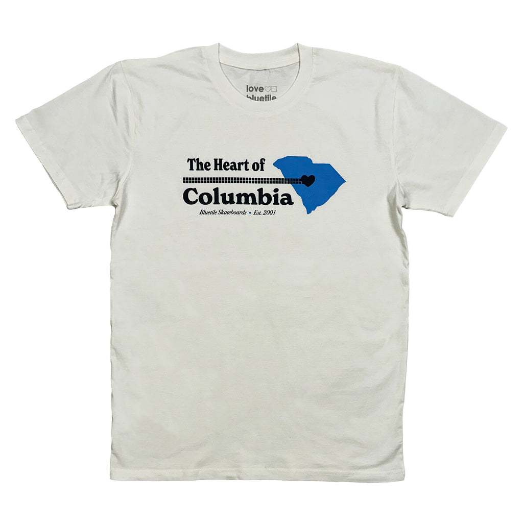 The BLUETILE HEART OF COLUMBIA TEE NATURAL, the heart of Bluetile Skateboards.