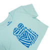 The BLUETILE HEART + SQUARE CROP TEE SEAFOAM by Bluetile Skateboards features a bold blue heart and geometric design on light blue 100% combed cotton, "bluetile" at the neck, and a relaxed, stylish fit.