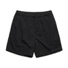 BLUETILE LOGO SWIM SHORTS BLACK by Bluetile Skateboards feature quick-dry recycled nylon, an elastic waistband, and a small BLUETILE LOGO on the lower left leg, shown on a white background.