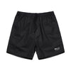 The BLUETILE SURPLUS V3 BEACH SHORT BLACK by Bluetile Skateboards are made of cotton and include an elastic waistband with a drawstring, featuring small logo text and icons on the lower right leg.