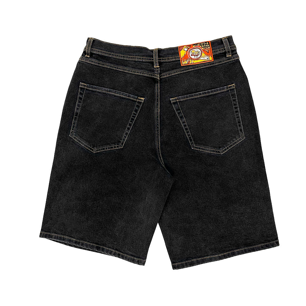 Back view of BLUETILE BRAND DENIM RUTLEDGE SHORTS BLACK by Bluetile Skateboards, featuring a loose fit, two rear pockets, and a colorful branded patch on the waistband.
