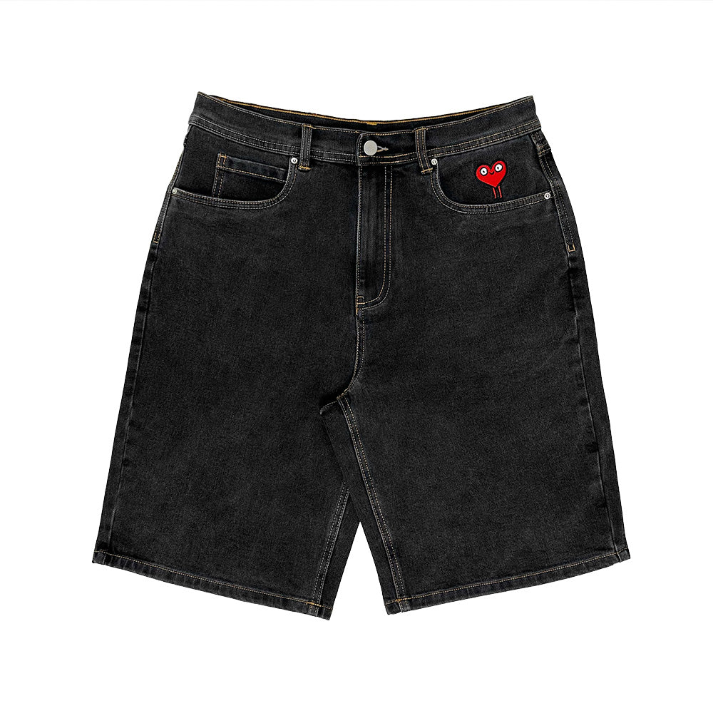 Bluetile Skateboards BLUETILE BRAND DENIM RUTLEDGE SHORTS BLACK are loose-fit black denim shorts with five pockets and a small red heart graphic on the front coin pocket, shown on a white background.