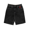 Bluetile Skateboards BLUETILE BRAND DENIM RUTLEDGE SHORTS BLACK are loose-fit black denim shorts with five pockets and a small red heart graphic on the front coin pocket, shown on a white background.