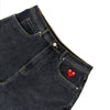 BLUETILE BRAND DENIM RUTLEDGE SHORTS BLACK by Bluetile Skateboards feature a loose fit, dark denim with yellow stitching, and custom red heart-with-eyes embroidery above the front right pocket.