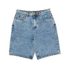 BLUETILE BRAND DENIM RUTLEDGE JORTS BLUE by Bluetile Skateboards are loose fit blue denim shorts featuring five pockets and a small blue cartoon patch above the front right pocket—ideal for Bluetile style fans.