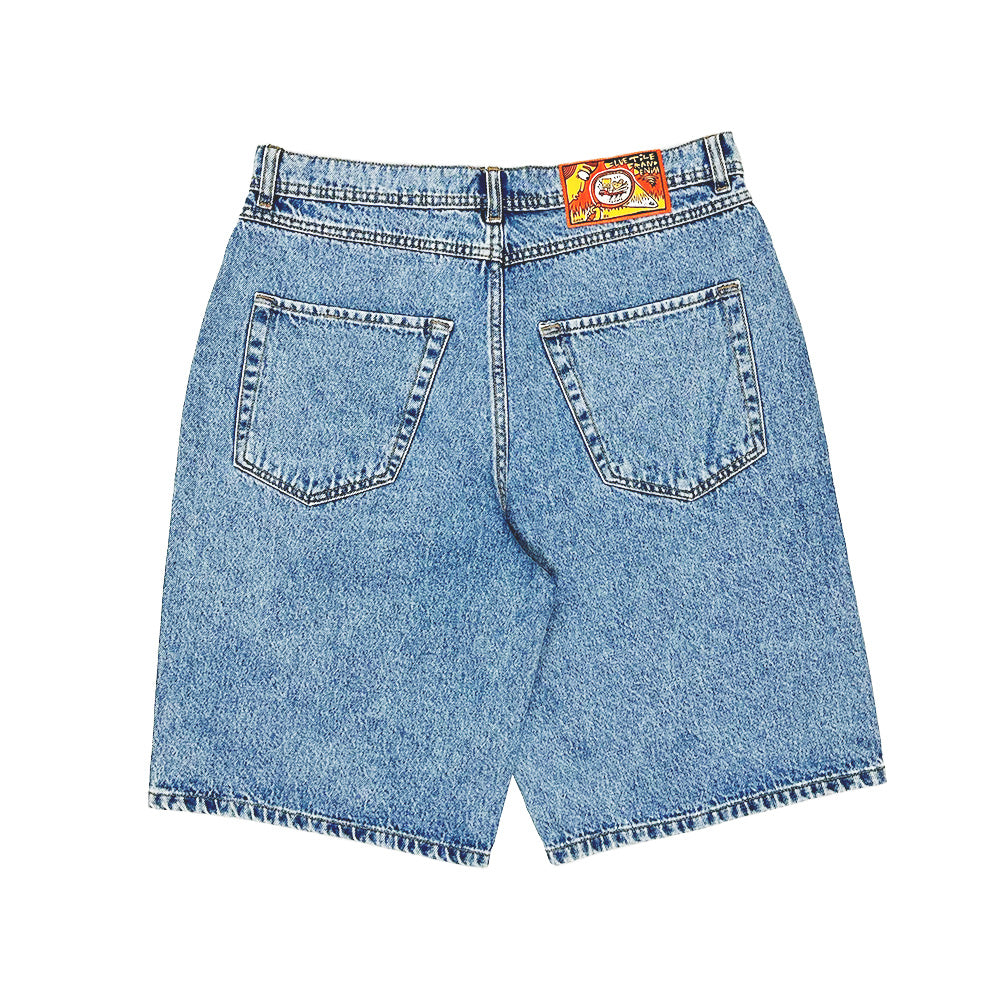 The BLUETILE BRAND DENIM RUTLEDGE JORTS BLUE by Bluetile Skateboards features a loose fit, two back pockets, and a colorful Bluetile patch on the waistband.
