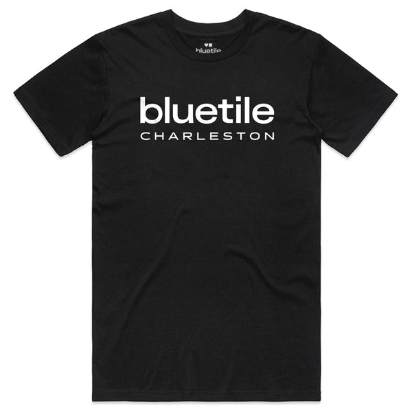 The BLUETILE CHARLESTON LOGO TEE BLACK by Bluetile Skateboards is made from 100% combed cotton and features the classic Charleston logo printed in white on the chest.