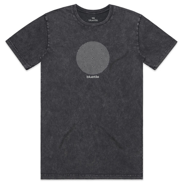 A "CRAZY" silver foil stone washed tee by Bluetile Skateboards, made from soft combed cotton and showcasing a circular patterned design with bold "BLUETILE" text on the front, in black.