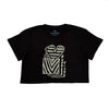 The BLUETILE HEART + SQUARE CROP TEE COAL by Bluetile Skateboards is a relaxed-fit black crop tee with a light abstract heart and geometric print, "bluetile" branding, and crafted from 100% combed cotton for comfort.