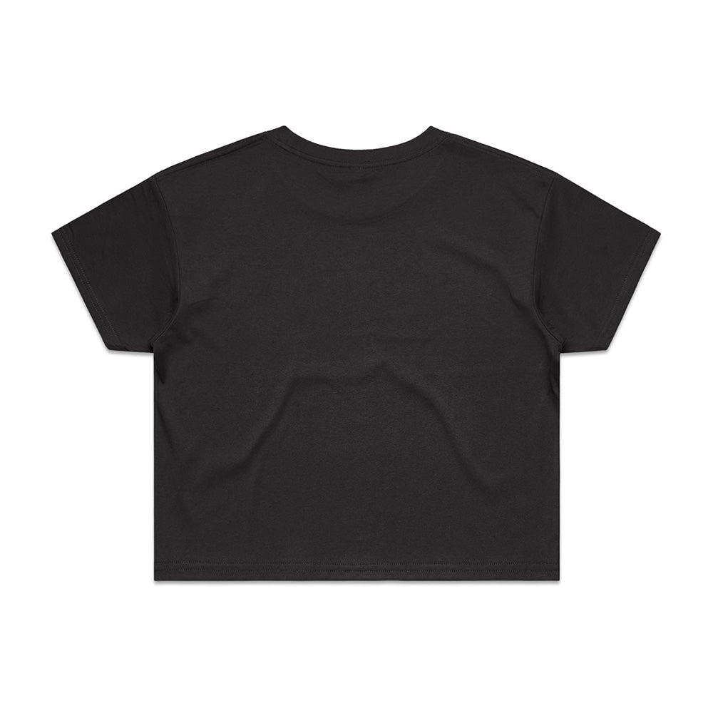 The BLUETILE HEART + SQUARE CROP TEE COAL by Bluetile Skateboards is a soft combed cotton black crop tee with short sleeves, shown laying flat and viewed from the back, designed for a relaxed fit.
