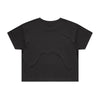 The BLUETILE HEART + SQUARE CROP TEE COAL by Bluetile Skateboards is a soft combed cotton black crop tee with short sleeves, shown laying flat and viewed from the back, designed for a relaxed fit.