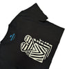 The BLUETILE HEART + SQUARE CROP TEE COAL by Bluetile Skateboards is a black crop tee made from soft combed cotton, featuring a bold white stylized heart and geometric lines graphic on the front and a "bluetile" tag at the collar.