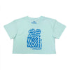 The BLUETILE HEART + SQUARE CROP TEE SEAFOAM by Bluetile Skateboards is a relaxed-fit, light blue 100% combed cotton tee featuring a bold abstract heart and geometric design, with "bluetile" labeled at the neck.