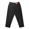 Back view of Bluetile Skateboards BLUETILE BRAND DENIM RUTLEDGE PANT BLACK, a loose fit denim with two rear pockets and a leather waistband patch featuring a red and orange design.