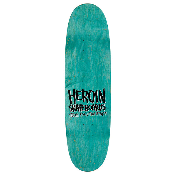 A turquoise HEROIN FEAR & LOATHING 25 EGG skateboard deck, special edition, made from 9.5-7 Ply North American Hard Rock Maple with a symmetrical shovel shape for the HEROIN SEEING DOUBLE series.