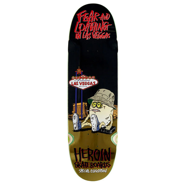 The HEROIN FEAR & LOATHING 25 EGG deck by HEROIN features a cartoon character in hat and sunglasses, "Fear and Loathing in Las Vegas" text, and is crafted from 9.5-7 Ply North American Hard Rock Maple for durability.