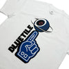 The BLUETILE NAVY FOAM FINGER TEE WHITE by Bluetile Skateboards is a heavyweight cotton t-shirt featuring a navy foam finger graphic pointing to a stylized eyeball with rings. "BLUETILE" is printed on the left, enhancing its style.