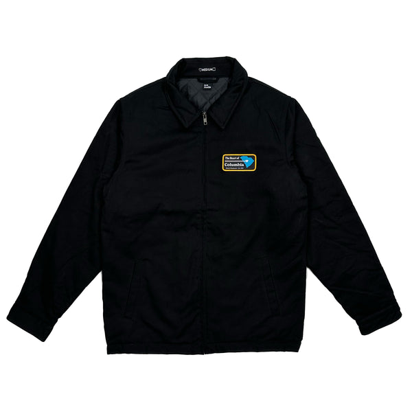 A black BLUETILE HEART OF COLUMBIA PATCH SERVICE JACKET with a blue and yellow Bluetile Skateboards logo on it.