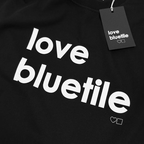 A black BLUETILE "LOVE BLUETILE" TEE BLACK t-shirt with the words love bluetile on it. (Bluetile Skateboards)