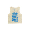 The BLUETILE HEART + SQUARE RIB CROP TANK ECRU by Bluetile Skateboards is a sleeveless beige ribbed crop top with black speckles and a blue abstract front graphic. Features a Stacked Logo label at the neckline and is made from 100% cotton for comfort.