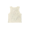 The BLUETILE HEART + SQUARE RIB CROP TANK ECRU by Bluetile Skateboards is a beige, sleeveless 100% cotton tank featuring a black speckled pattern, displayed flat and viewed from the back on a white background.