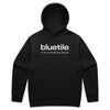 The BLUETILE LOGO HOODIE BLACK by Bluetile Skateboards boasts a bold white print of "BLUETILE Skateboards" on the front, combining style and comfort.