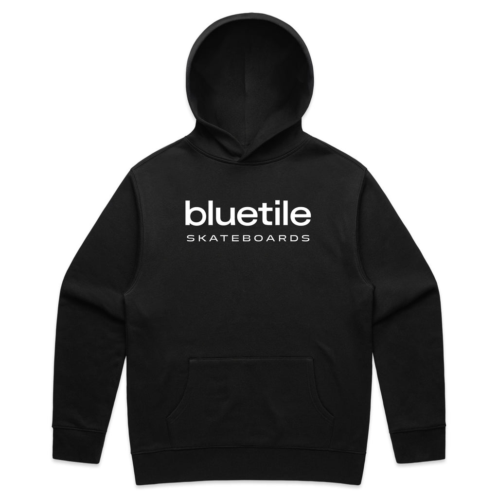 The BLUETILE LOGO HOODIE BLACK by Bluetile Skateboards boasts a bold white print of "BLUETILE Skateboards" on the front, combining style and comfort.