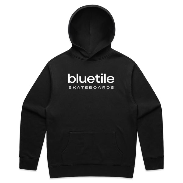 The BLUETILE LOGO HOODIE BLACK by Bluetile Skateboards boasts a bold white print of "BLUETILE Skateboards" on the front, combining style and comfort.