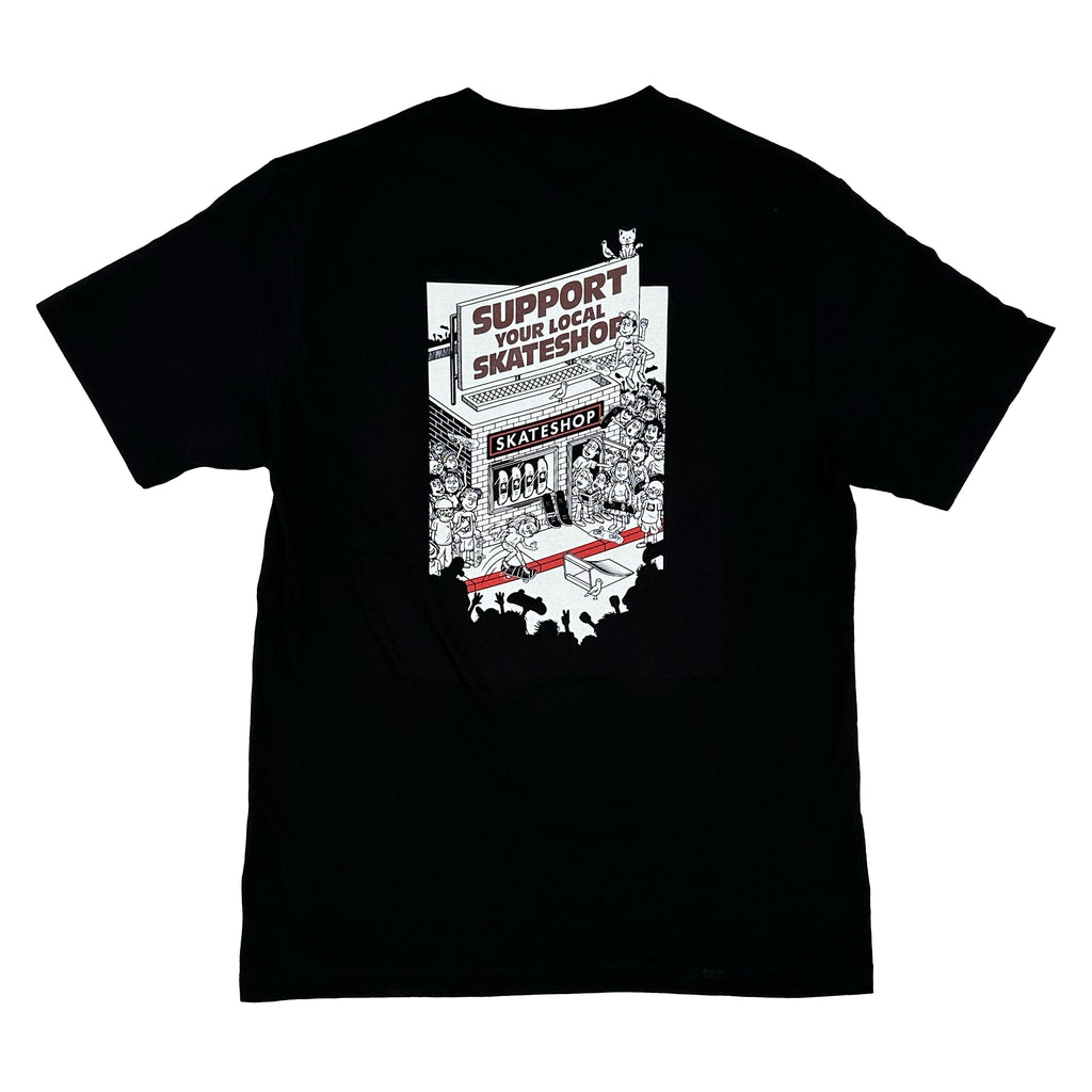 The BLUETILE X SKATE SHOP DAY STORE FRONT TEE BLACK by Bluetile Skateboards is a black T-shirt made from mid-weight cotton, featuring a skate shop illustration by Todd Bratrud and the phrase "Support Your Local Skateshop" on the back.