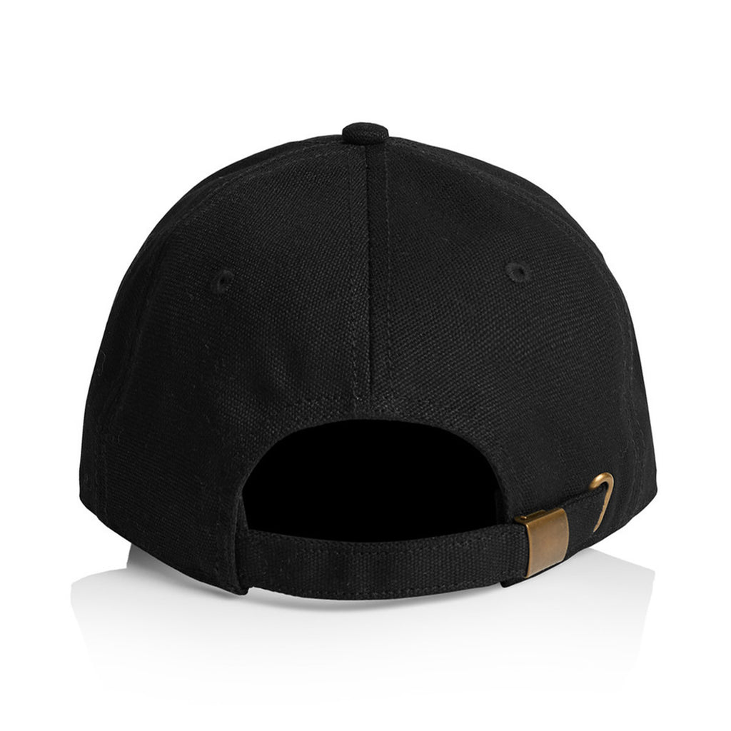 Back view of the Bluetile Skateboards' sleek, black canvas hat featuring a gold buckle on the adjustable strap.