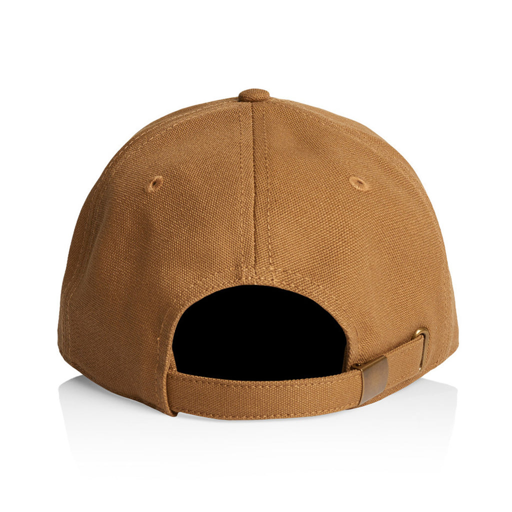 The BLUETILE STACKED LOGO CANVAS HAT CAMEL from Bluetile Skateboards is shown from the back, highlighting its adjustable strap and a reflective surface beneath. Crafted from 100% cotton, this fashionable camel-colored hat offers comfort and an impeccable fit with its adjustable fastener.