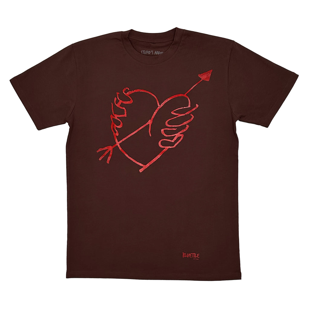 A Bluetile Skateboards "STUPID'S ARROW" Tee Chestnut t-shirt with a heart and an arrow on it.