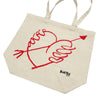 A BLUETILE "STUPID'S ARROW" tote bag with a red heart drawn on it.