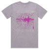 The "WOKE" SILVER FOIL STONE WASHED TEE ORCHID from Bluetile Skateboards is a gray t-shirt made of 100% combed cotton, adorned with a purple heart graphic encircled by abstract lines and featuring the text "Blue Tile." This stone washed tee combines comfort with a stylish display of your enthusiasm for BLUETILE Skateboards.