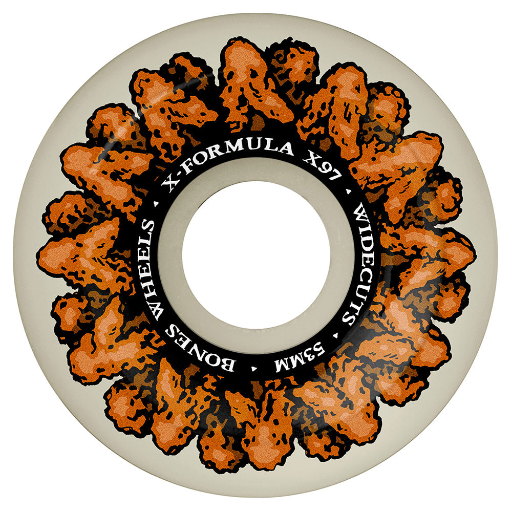 A white BONES X-FORMULA V6 WIDECUTS 53MM 97A WINGIN IT skateboard wheel with an orange and black textured center pattern.