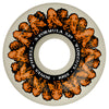 A white BONES X-FORMULA V6 WIDECUTS 53MM 97A WINGIN IT skateboard wheel with an orange and black textured center pattern.