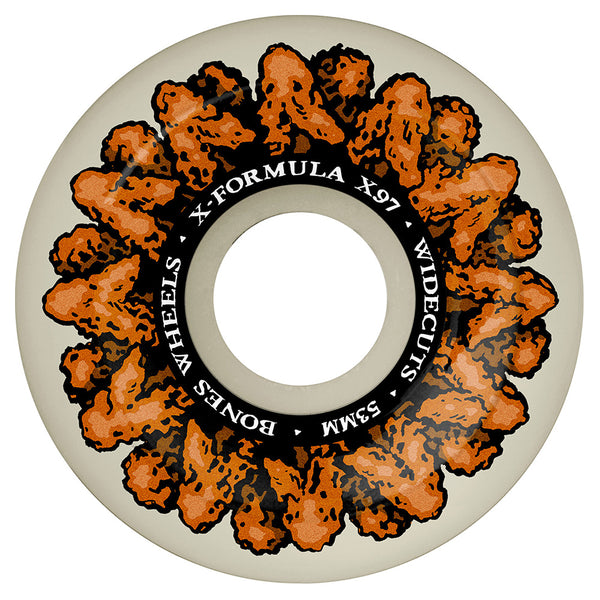 A white BONES X-FORMULA V6 WIDECUTS 53MM 97A WINGIN IT skateboard wheel with an orange and black textured center pattern.