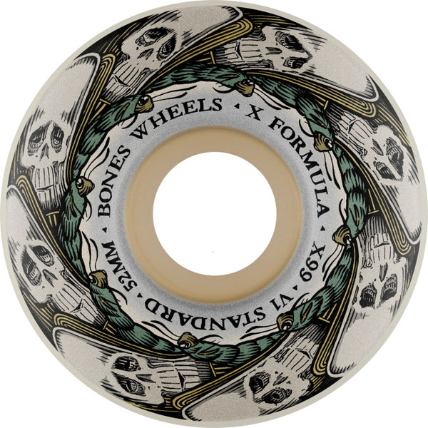 A BONES skateboard wheel with skulls on it.