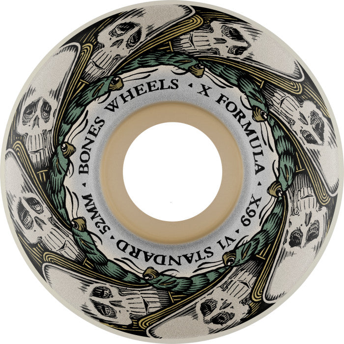 A BONES skateboard wheel with skulls on it.