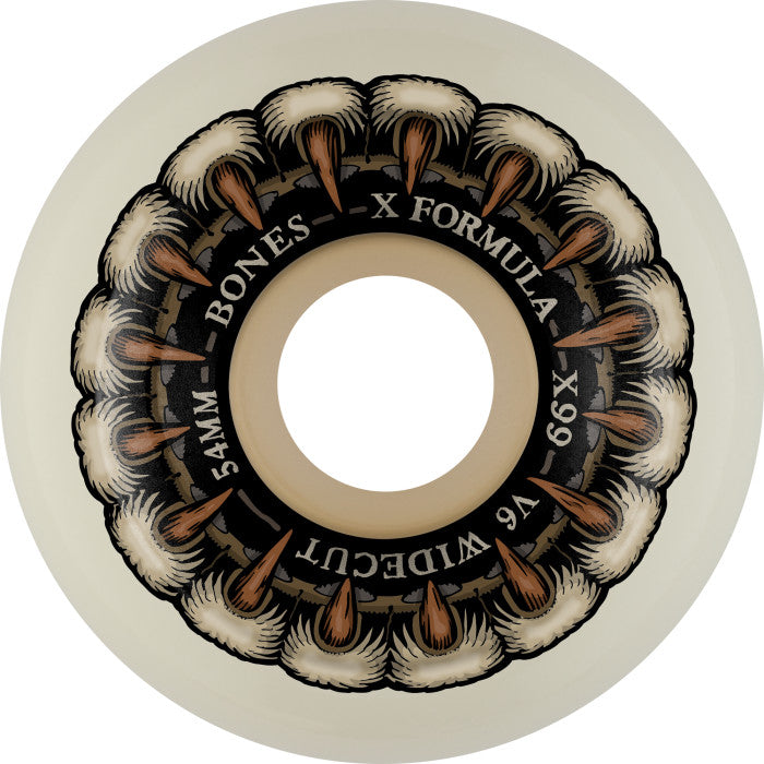 An image of a BONES skateboard wheel with an image of a skull on it.
