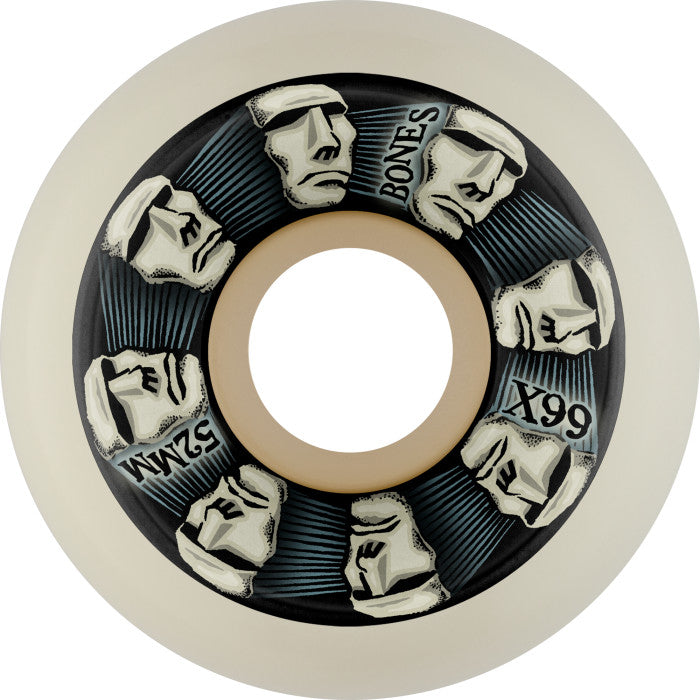 A black and white BONES X-FORMULA V5 SIDE-CUT 52MM 99A skateboard wheel from Headrush.