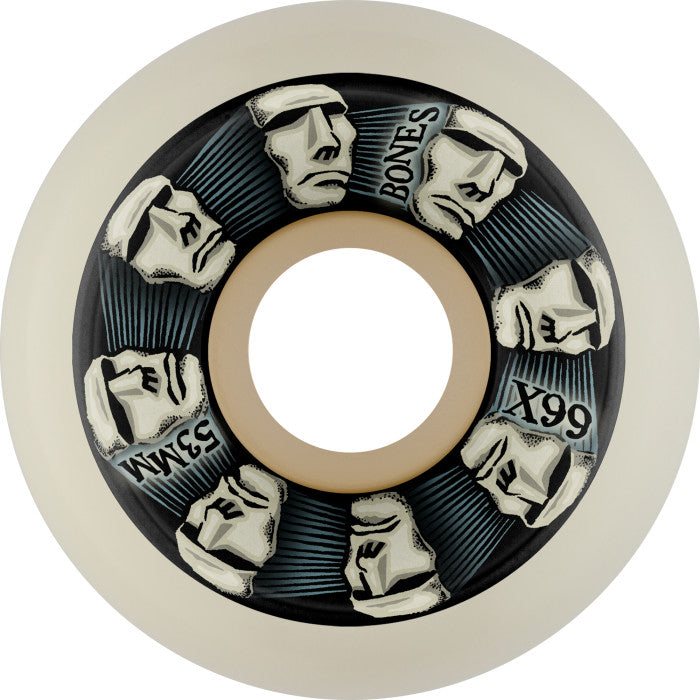 A skateboard wheel with a black and white design, available in the BONES X-FORMULA V5 SIDE-CUT 53MM 99A HEADRUSH option. Offering superior performance, these skateboard wheels feature the BONES X-FORMULA by BONES.