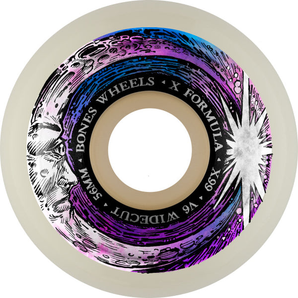 A BONES X-FORMULA V6 WIDE-CUT 56MM 99A MOONBEAM skateboard wheel with a purple and white design.