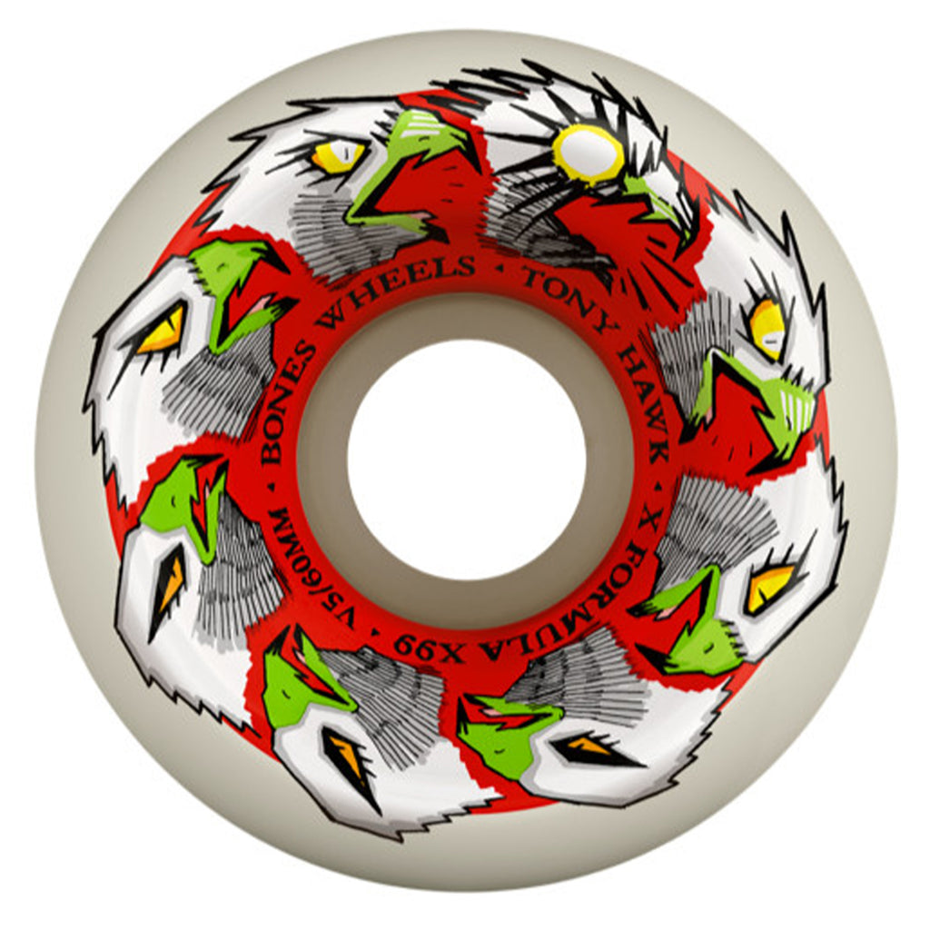 Skateboard wheel with red and green bird graphics, Tony Hawk's signature branding, and BONES X-FORMULA V5 SIDECUT 60MM 99A HAWK ANIMATION wheels.