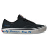 vans ave shoe with white contrast stitching and blue letters on the sole